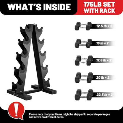 PAPABABE Dumbbell Set Rubber Encased Hex Dumbbell Free Weights Dumbbells Set Home Weight Set- 175lb Set (Pair of 12.5, 15, 17.5, 20, 22.5 lb with Rack)