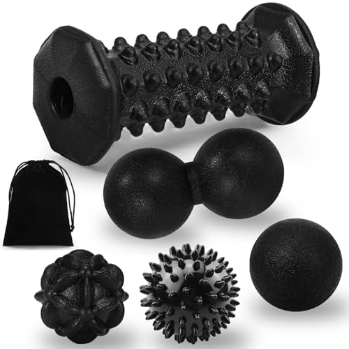 Massage Ball & Foot Roller 5 in 1 Set,Foot Massager Roller-Lacrosse,Peanut,Spiky,Hand Exercise Massage Ball for Plantar Fasciitis Relief and Myofascial Release,Deep Tissue Massage,Reflexology Tool
