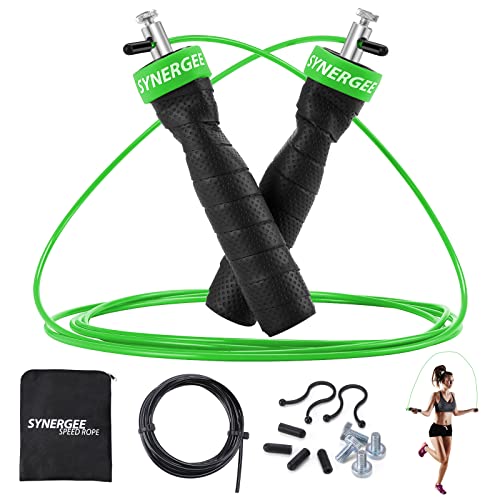 Synergee Electric Green Speed Jump Rope - (2) Adjustable 10 Ft Cable - Steel Ball Bearings - for Crossfit, MMA, Boxing & Fitness, Anti-Slip Handles.
