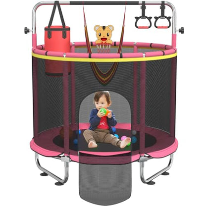 Trampoline for Kids, 55" Indoor & Outdoor Toddler Trampoline, Anti-Rollover Bottom Kids Toys with Adjustable Gymnastics Bars, Toddler Swing, Basketball Hoop