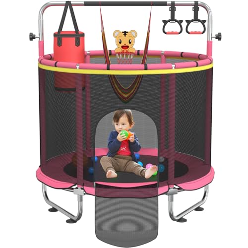 Trampoline for Kids, 55" Indoor & Outdoor Toddler Trampoline, Anti-Rollover Bottom Kids Toys with Adjustable Gymnastics Bars, Toddler Swing, Basketball Hoop
