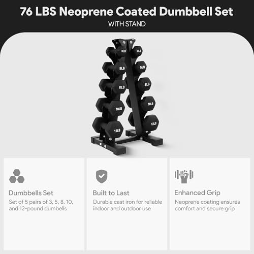 BalanceFrom Neoprene Coated Iron Dumbbell Hex Weights Set with Stand – Color-Coded or Black Options with Non-Slip Grip for Strength Training, Resistance Workouts, and Home Gym Fitness - style: 76LB Set