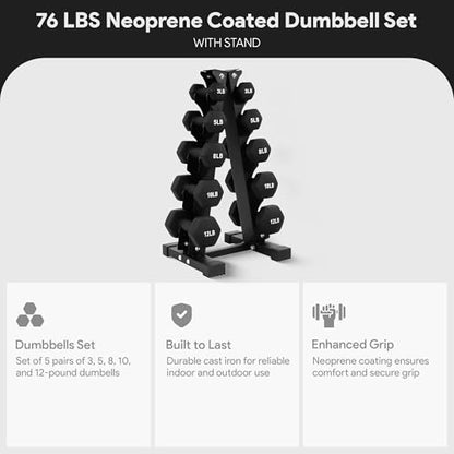 BalanceFrom Neoprene Coated Iron Dumbbell Hex Weights Set with Stand – Color-Coded or Black Options with Non-Slip Grip for Strength Training, Resistance Workouts, and Home Gym Fitness - style: 76LB Set