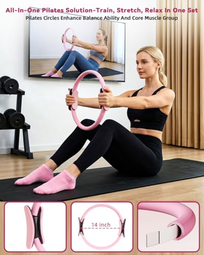 Pilates Kit for Home,24 pcs Workouts Sets for Women 14”Pilates Circles 8" Yoga Ball, Resistance Band for Ankle,Back,Legs,Glutes,Pilates Equipment Ideal for Home Gym & Travel Fitness Essentials