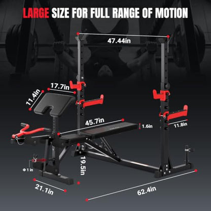YOLEO 6-in-1 Weight Bench Set, 880LBS Adjustable Bench with Rack & Curl Pad