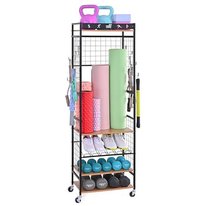 Mythinglogic Weight Rack for Dumbbells, Home Gym Storage for Yoga Mat Dumbbells Kettlebells and Strength Training Equipment, Dumbbell Rack with Wheels and Hanging Hooks
