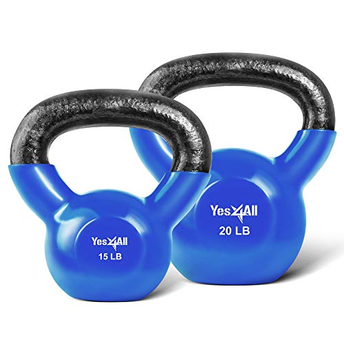 Yes4All Kettlebell, Vinyl Coated Kettlebell Cast Iron Sets with Stable Flat Bottom for Full Body Workout, Push up, Grip Strength Training & Weights Exercises - color: Blue, style: 15 - 20lb