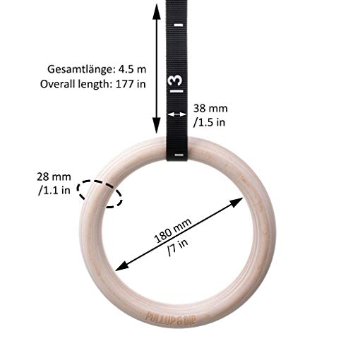 PULLUP & DIP Premium Gymnastic Rings, Wooden Gym Rings for Calisthenics - Wide Straps with Length Markings + Door Anchor + Carry Bag + Exercise Guide, Calisthenics Rings