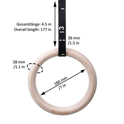 PULLUP & DIP Premium Gymnastic Rings, Wooden Gym Rings for Calisthenics - Wide Straps with Length Markings + Door Anchor + Carry Bag + Exercise Guide, Calisthenics Rings
