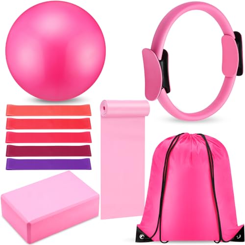 10 Pcs Pilates Ring Blocks Set for Women Home Yoga Equipment Accessories Pilates Ring Circle and Ball Workouts Gift Include Ball Yoga Circle Resistance Bands Block Straps Gym Bag - color: Pink