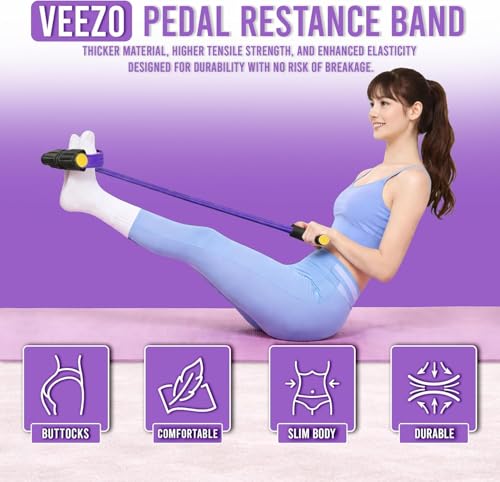 Pedal Resistance Band for Sit-Up & Stretching 4-Tube Foot Pedal Pull Rope for Abs, Waist and Arm Workout Purple Elastic Yoga Fitness Equipment for Home Gym Full Body Toning