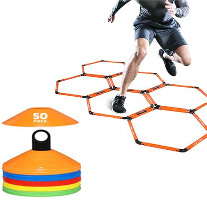 GHB Hex Agility Rings 1 Pack and 50 Pack Disc Cones 12 Rung 20ft with 3 Carrying Bag
