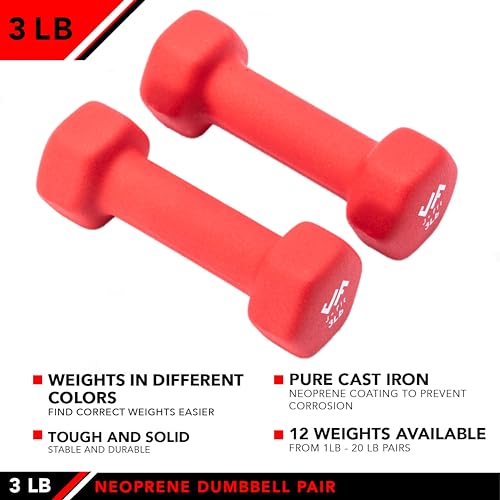 JFIT Dumbbell Pairs or Sets – Neoprene & Vinyl Coated Hand Weights for Home Gym, Strength Training, Aerobics, Cardio Exercise and Fitness - size: 3 lbs (Pair), style: Dumbbell Pair