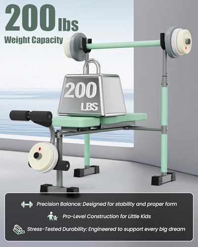 Kids Workout Equipment, Adjustable Kids Workout Bench with Preacher Pad & Leg Developer, Fillable Weight Plates for Home Gym Fitness & Exercise