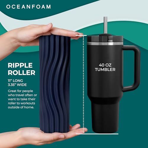 Ripple Travel Foam Roller (11" x 3.35") Firm Mini Foam Roller for Physical Therapy, Deep Tissue Massage, Back Pain, High Density, Ergonomic Wave Textured, Yoga, Pilates, Exercise (Dark Navy) - color: Dark Navy
