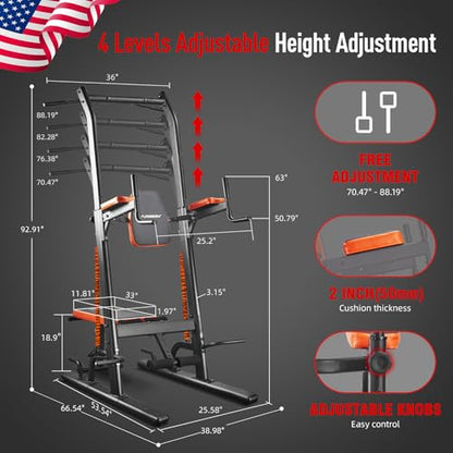 Multifunction Power Tower with Bench, Heavy Duty Pull Up Bar Dip Station for Home Gym Workout Strength Training Fitness Equipment