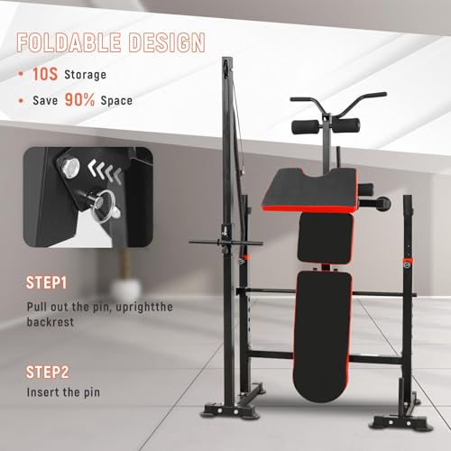 1500LB 8 IN 1 Olympic Weight Bench with Lat Pulldown and Leg Extension/Curl, Foldable Bench Press with Preacher Curl & Squat Rack, Workout Benches with Safety Bar Catches for Home Gym(US Stock)