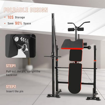 1500LB 8 IN 1 Olympic Weight Bench with Lat Pulldown and Leg Extension/Curl, Foldable Bench Press with Preacher Curl & Squat Rack, Workout Benches with Safety Bar Catches for Home Gym(US Stock)