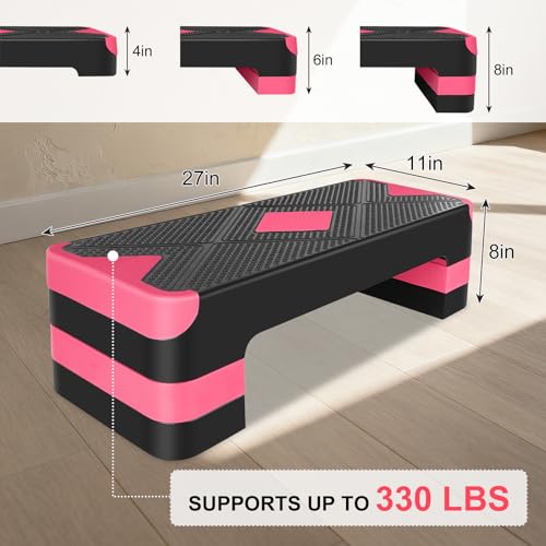 27" Exercise Workout Aerobic Step Platform Trainer, Adjustable Fitness 4-6-8in Exercise Stepper Workout with 4 Risers, Aerobics Stepper Workout Stepper for Home Gym Cardio Strength & Training
