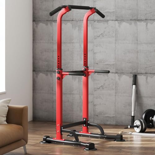 Multi-Functional Power Tower for Home Gym: Adjustable Pull Up & Dip Station with 400 LBS Capacity, Space Saving Strength Training Equipment for Men and Women - color: Red