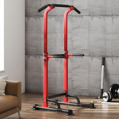 Multi-Functional Power Tower for Home Gym: Adjustable Pull Up & Dip Station with 400 LBS Capacity, Space Saving Strength Training Equipment for Men and Women - color: Red