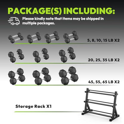 HANDBODE Dumbbell Set with Rack, Rubber Coated Fixed Dumbbells 360-790 lbs