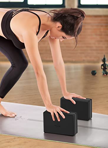Heathyoga Yoga Blocks 2 Pack with Strap, High Density EVA Foam Yoga Block and Yoga Strap Set to Support and Improve Poses and Flexibility - color: Black