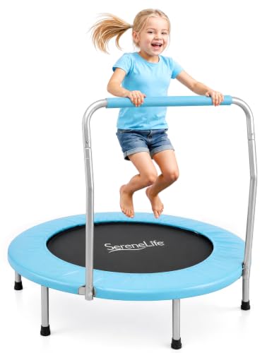 SereneLife 36″ Foldable Mini Trampoline for Kids - Compact Fitness Rebounder with Foam Handle - Safe, Stable Exercise Trampoline with 330lbs Max Load for Indoor/Outdoor Active Play & Exercise - color: Sky Blue