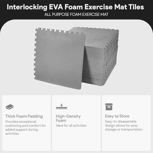 BalanceFrom Puzzle Exercise Mat 1/2" Thick, EVA Interlocking Foam Floor Tiles for Home Gym, Mat for Home Workout Equipment, Floor Padding for Kids, Gray, 24 in x 24 in x 1/2 in, 144 Sq Ft - 36 Tiles
