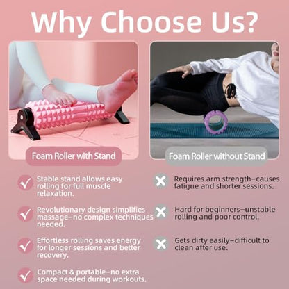 Foam Roller with Stand - Bracket Foam Roller for Back Pain, 21 inch Trigger Point Deep Tissue Massage Roller, Medium Density Grid Bracket Foam Rollers, Leg Roller for Muscles Deep Tissue - color: Pink