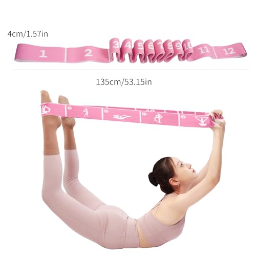 12 Loops Extra Long Yoga Stretching Band for Adults and Tall People, Adjustable Elastic Strap for Full Body Deep Stretch, Home Pilates, Ballet, Dance, Physical Therapy, Flexibility Training - color: Pink