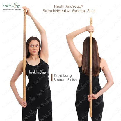 HealthAndYoga™ StretchNHeal Collapsible Multi-Use Wooden Yoga Stick - Regular and XL - Portable Posture Corrector Pole, Stretch Mobility Stick, Physical Workout Exercise Dowel