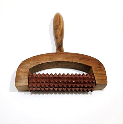 Wooden Roller Massager with Handle, Spiked Acupressure Roller, Natural Wood, Body Massage Tool