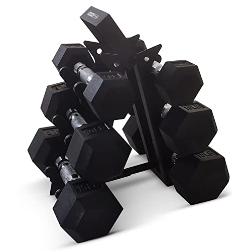 HolaHatha Hexagonal Dumbbell Free Hand Weight Set w/Rack - color: Black, style: 60lb Set
