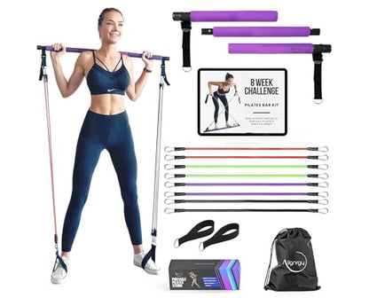 Portable Pilates Bar Kit with Resistance Bands (20, 30, 40, 50 LB) - Guided 8-Week Pilates Bar Kit Plan - Premium Quality Home Equipment 3-Section Pilates Bar with Resistance Bands Full-Body Toning