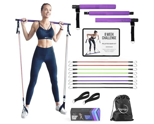 Portable Pilates Bar Kit with Resistance Bands (20, 30, 40, 50 LB) - Guided 8-Week Pilates Bar Kit Plan - Premium Quality Home Equipment 3-Section Pilates Bar with Resistance Bands Full-Body Toning