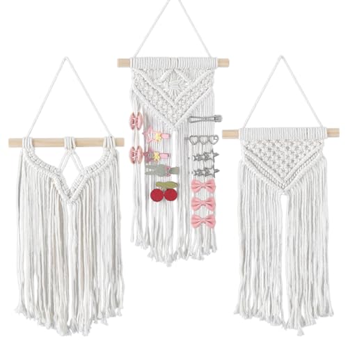 AHANDMAKER 3Pcs Macrame Hair Bow Holder Boho Wall Hair Clips Hanger Headband Storage Organizer Hanging Hairs Bow Organizer Tassels Bows Organizer Wall Hanging Decoration for Bedroom Living Room