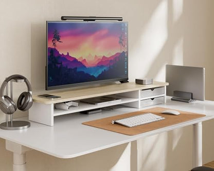 Fenge Monitor Stand, Desk Computer Riser with Frosted Storage Drawer, Oak - color: Oak