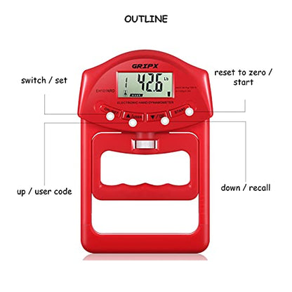 Digital Hand Dynamometer Grip Strength Measurement Meter Auto Capturing Electronic Hand Grip Power 198Lbs / 90Kgs - color: Red
