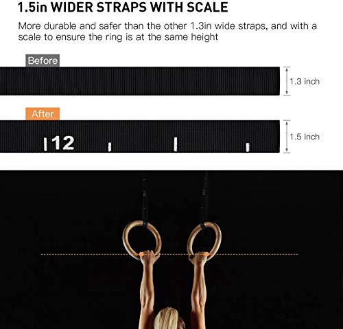 Gymnastics Rings Wooden Olympic Rings 1500/1000lbs with Adjustable Cam Buckle 14.76ft/9ft Long Straps with Scale Non-Slip Gym Rings for Home Gym Full Body Workout