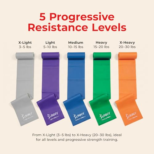 Sunny Health & Fitness 5-Level Resistance Band Set for Home Workout, Seamless Elastic Exercise Bands for Strength Training, Stretching, and Mobility, 3–30 lbs
