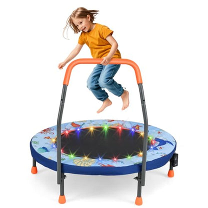 Goplus Foldable Toddler Trampoline for Kids, 36'' Recreational Mini Trampoline w/20 LED Lights, Foam Handle, Padded Safety Cover, Indoor Outdoor Exercise Rebounder for Boys Girls Aged 3-6 - style: Baby Blue-Ocean