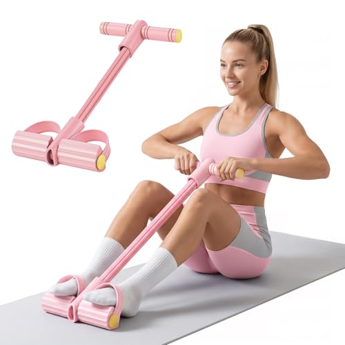 Upgraded 8-Tube Multifunction Foot Pedal Resistance Band (Pink), Enhanced Tension Sit Up Pull Rope, Abdominal Trainer for Home Gym, Full Body Workout Equipment for Core Leg Arm Waist Strength Training