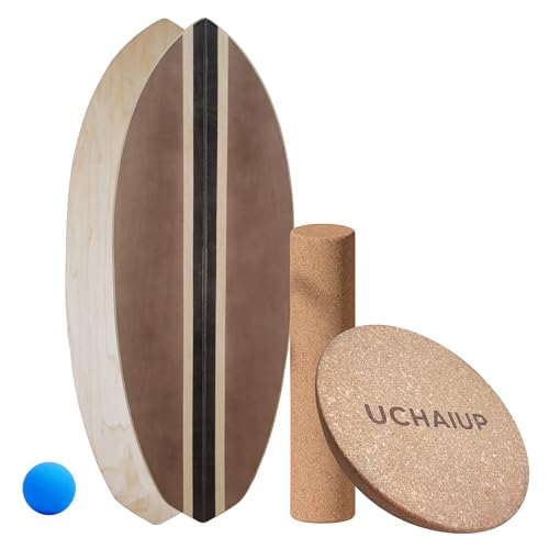 Maple Wood Balance Board with Roller and Half Ball Accessories - Dual-Mode Balance Trainer for Adults, Home Gym & Office Use, Surfboard Shape Design(31.5 x 11.8in) - color: Brown Black