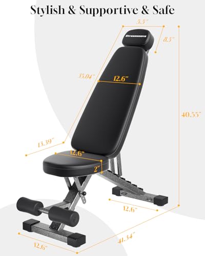 Fitness Bench, Adjustable, Comfortable, Fashionable, Foldable and Extended Headrest with 192 Positions Incline Decline 900LBS Home Gym Bench for Strength Training