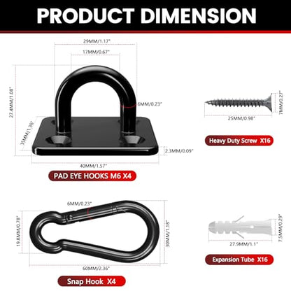 sprookber 304 Stainless Steel Pad Eye Snap Hook, M6 Ceiling Hook 800Lb,8Pcs - size: 2.3 inch, style: Black Square