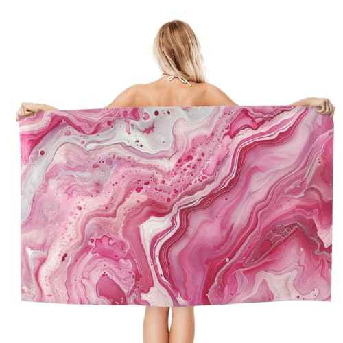 Marble Beach Towel, 32x52in Microfiber Quick Dry Pink White Swirl Fluid Art Bath Towels, Soft Lightweight Oversized Sand Free, for Travel Pool Swimming Gym Decor, Gifts