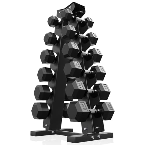 PAPABABE Dumbbell Set Rubber Encased Hex Dumbbell Free Weights Dumbbells Set Home Weight Set- 140 lb Set (Pair of 5, 8, 10, 12, 15, 20 lb with Rack)
