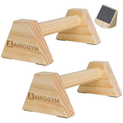 AIROGYM Wooden Parallettes, 2PCS Parallettes Bars, Non-Slip Calisthenics Bars Equipment, Solid Wood Push Up Bars Grip for Floor Strength Training, Home Gym Workout, Support 550 Lbs Handstand