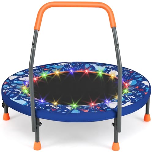 GYMAX 36” Toddler Trampoline with Lights, Folding Springless ASTM Approved Small Kids Rebounder with Foam Handle, Safety Padded Cover & Foldable Legs, Mini Indoor Baby Trampolines - color: Dark Blue